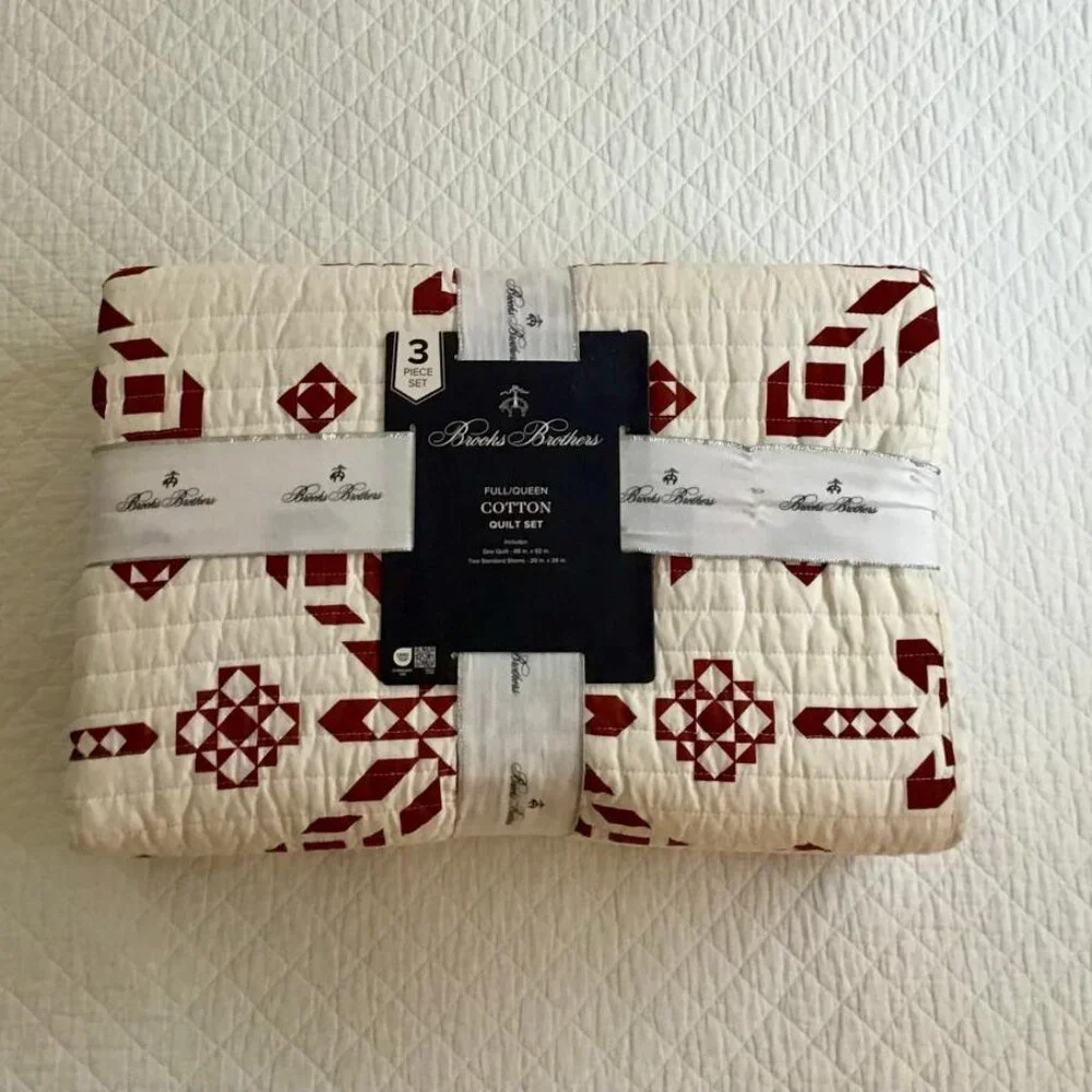 Brooks Brothers Quilt Set Full/Queen Cotton Red & White LARGE RED SNOWFLAKES